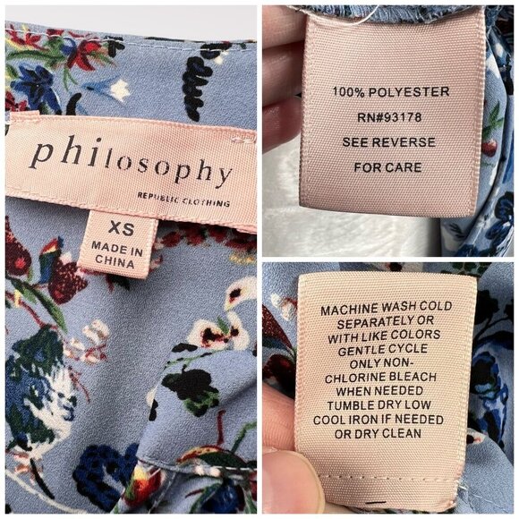 Philosophy Blue Floral Print Short Sleeve Blouse V-Neck XS - Picture 3 of 8